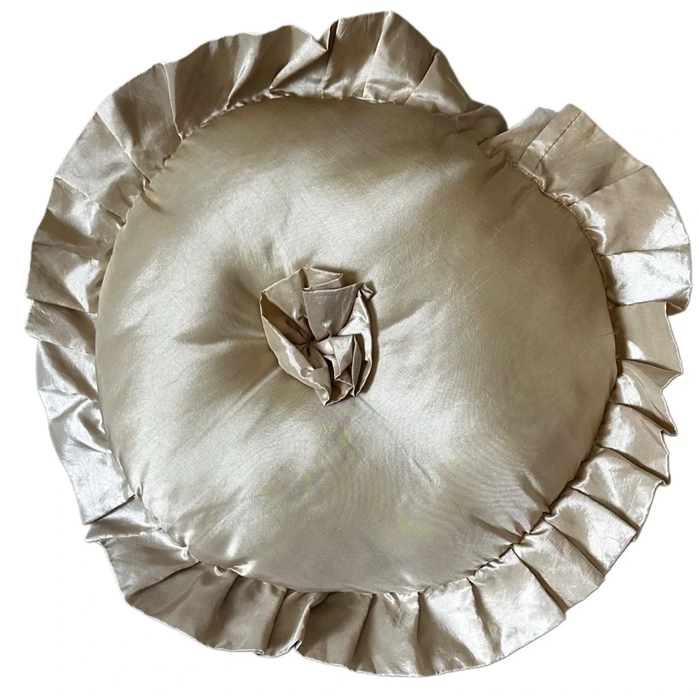 Vintage Round Ruffled Decorative Pillow in Champagne satin 21” across pretty
